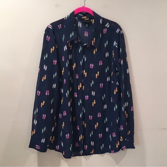 Lane Bryant Womens 18/20 Shirt Top Blouse Button DownLong Sleeve Navy Blue Shoe - Picture 1 of 7